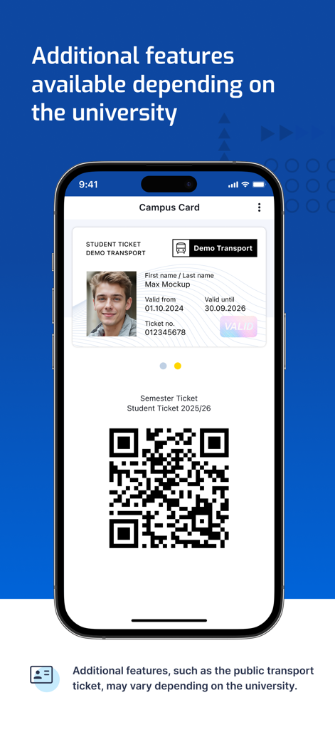 Digital Campus Card - 大学の交通機関サービス用のQRコードが付いた学生チケットを示すデジタルキャンパスカードアプリ