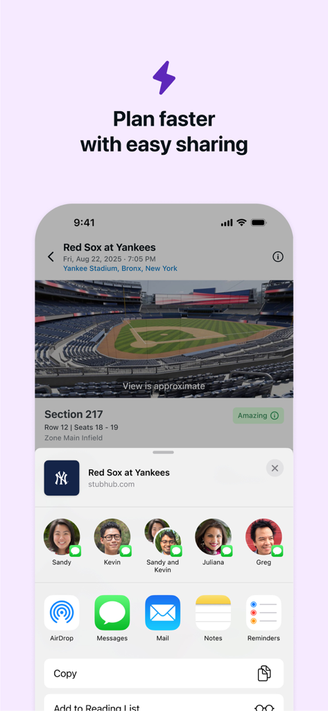 StubHub: Event Tickets - StubHubアプリのインターフェイスに、スタジアムの座席ビューと、友人とのイベント計画のためのモバイル共有メニューが表示されています