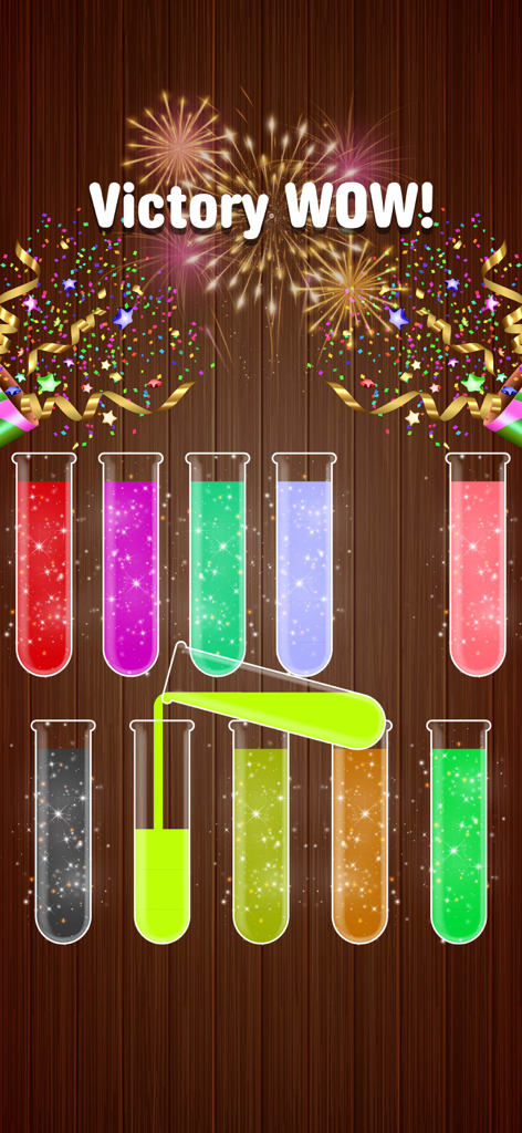 Get Color Mixer Water Sort - Pantalla de finalización de nivel del juego de puzzle Get Color Mixer Water Sort con botellas de agua de colores y una celebración de victoria.