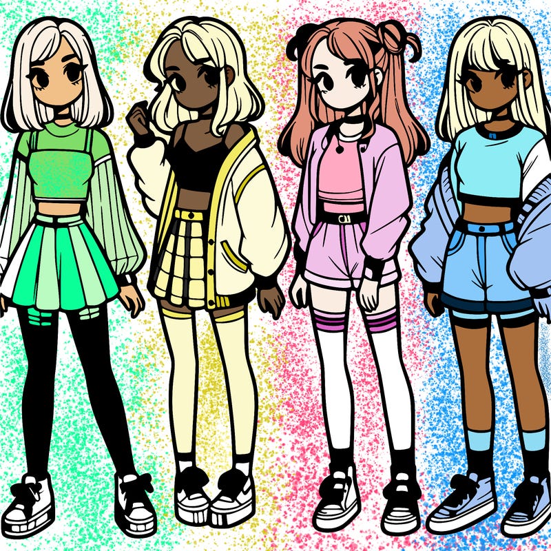 one girl with crop-top shirt and a jacket with a skirt, long socks and another girl with a shirt and pants with a jacket