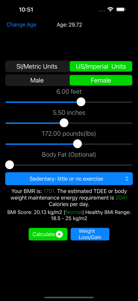 TDEE BMR and BMI calculator interface showing metabolic data and body mass index results for a fitness user