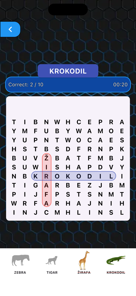 A word search puzzle in the ABC Djeca app for learning animal names in Bosnian
