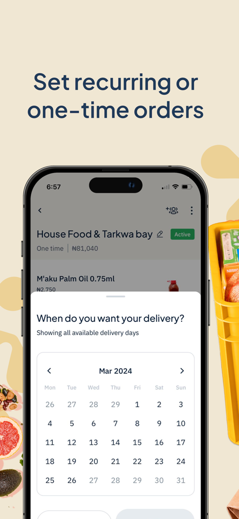 GoLemon: Grocery & Essentials - GoLemon app delivery scheduling screen showing a calendar to set recurring or one-time grocery orders