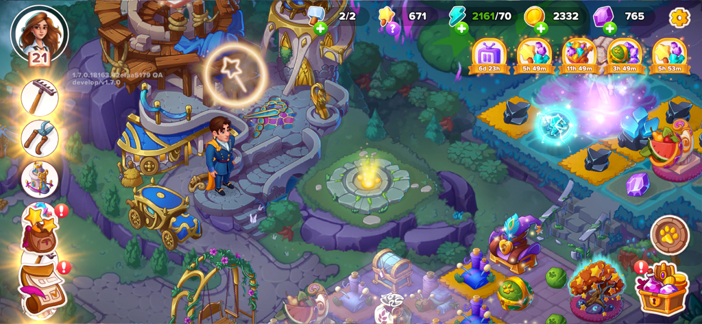 Captura de tela do jogo de Fable Town mostrando um mundo mágico com personagens e itens fundíveis