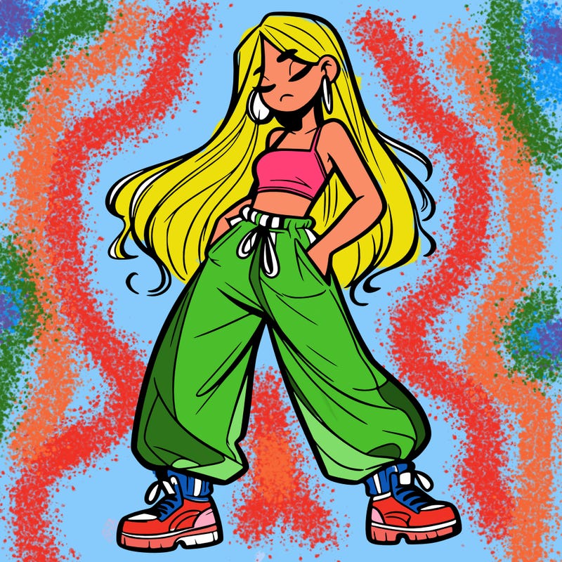 girl in baggy pants crop top and long hair