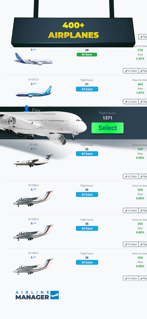 Airline Manager 2026 aircraft fleet management screen showing various realistic planes and flight stats