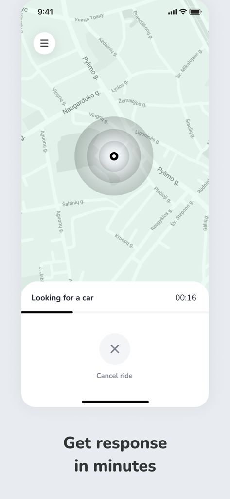Fenix Ride - Fenix Ride app screen showing a real time map and a status bar looking for a car
