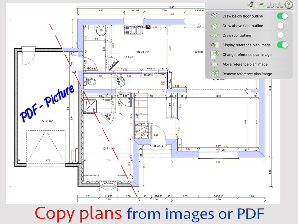 ArchiTouch 3D - Home Design - Interface do aplicativo de arquitetura para copiar plantas baixas de arquivos de referência PDF e imagem