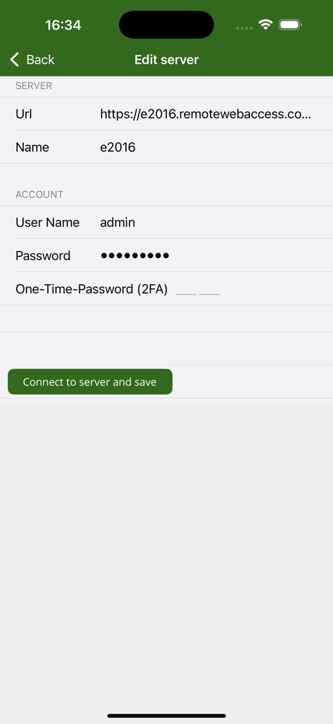 Schermata di configurazione del server in Lights-Out Mobile che mostra i campi URL, login e 2FA