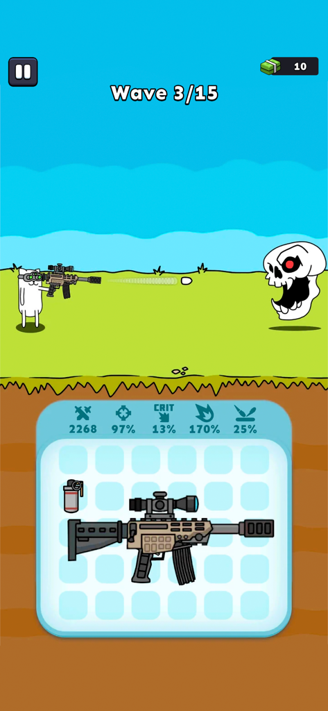 A battle cat shooting a monster skull and a gun customization menu in the game Gun Hero