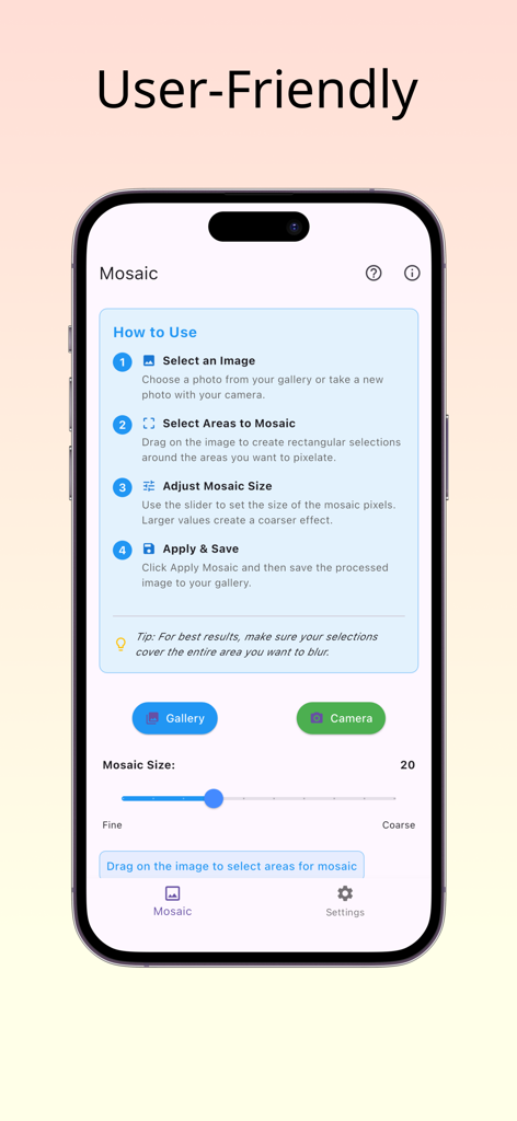モザイク写真編集アプリのチュートリアル画面。プライバシーのために写真の領域をぼかす手順が表示されている。