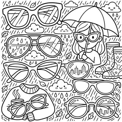 Embrace the cozy vibes of a rainy day with this unique eyewear coloring page. Discover a delightful collection of glasses and sunglasses nestled among puddles, umbrellas, and charming weather elements, ready for your creative touch.