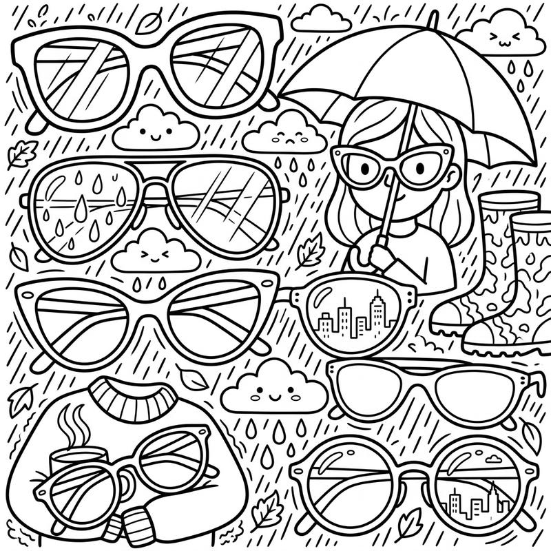 Embrace the cozy vibes of a rainy day with this unique eyewear coloring page. Discover a delightful collection of glasses and sunglasses nestled among puddles, umbrellas, and charming weather elements, ready for your creative touch.