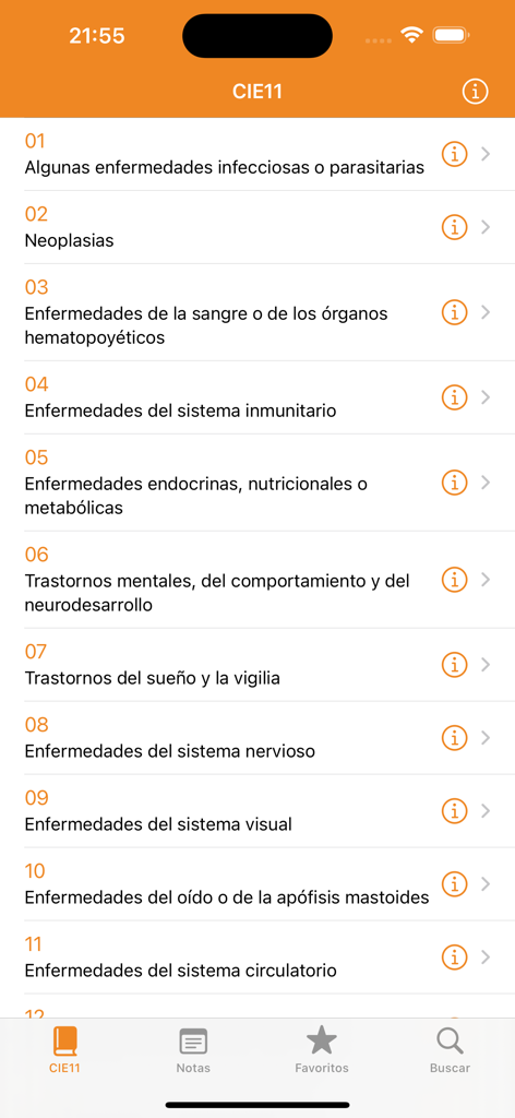 Lista de capítulos y clasificaciones médicas en español de la aplicación móvil CIE11