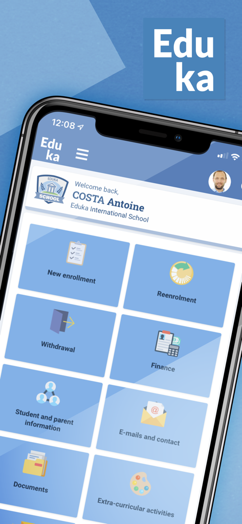 Eduka - Eduka school management app dashboard showing enrollment and student information options