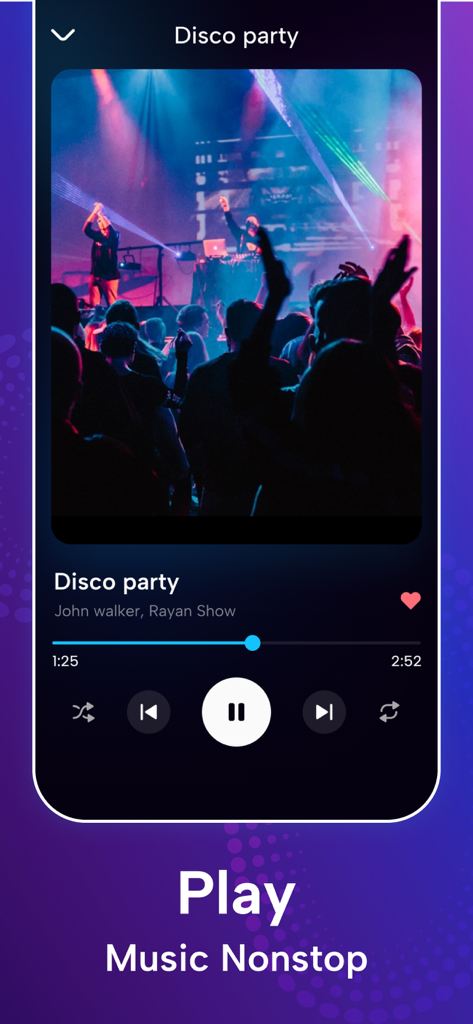 Offline Music Player · - Interfaz de la aplicación móvil Reproductor de Música Offline mostrando una pista de música titulada Disco party con controles de reproducción y arte del álbum.