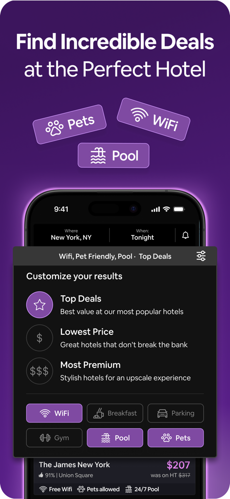 HotelTonight: Booking Deals - A screenshot of the HotelTonight app highlighting search filters for deals and amenities like WiFi and pets
