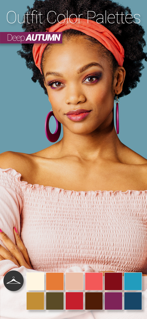 A woman with Deep Autumn seasonal coloring featuring a curated color palette for outfits