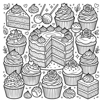 Indulge your sweet tooth with this charming coloring page featuring an array of delectable red velvet cakes and cupcakes. Unleash your creativity by bringing these delightful desserts to life with your favorite colors.