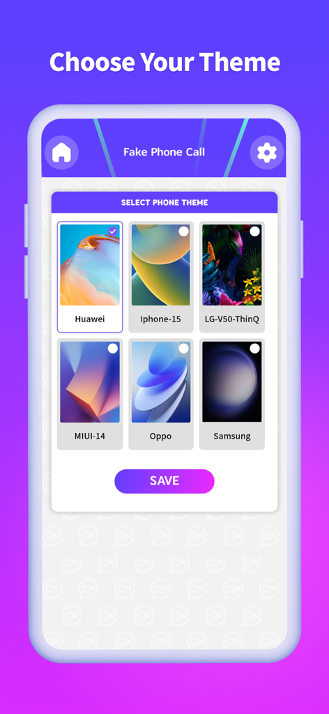 Prank App: Fake video call - A screen in the prank app allowing users to choose between different phone themes like iPhone and Samsung for fake calls