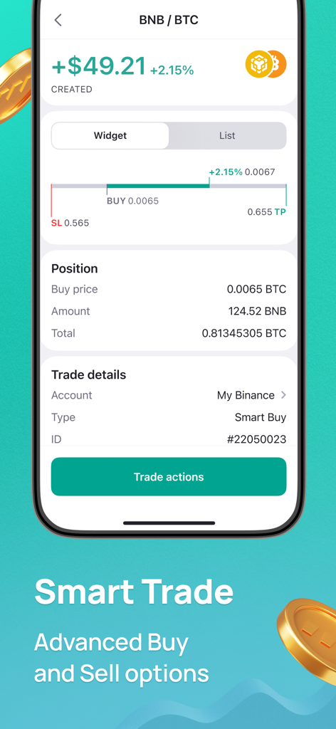 Oberfläche der 3Commas-Mobil-App, die die Smart-Trade-Funktion mit erweiterten Kauf- und Verkaufsoptionen für ein Krypto-Trading-Paar anzeigt
