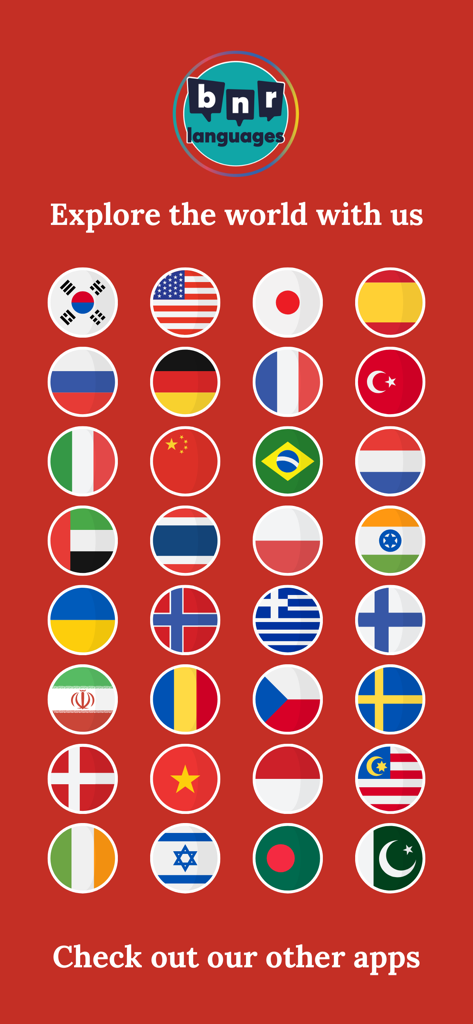 Learn Japanese (Beginners) - Una cuadrícula de banderas nacionales que representan varias aplicaciones de aprendizaje de idiomas de BNR Languages.
