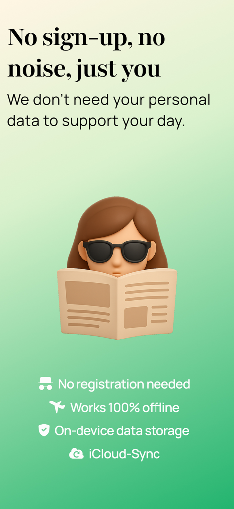 noorish: reconnect with life - Promotional screen for noorish app highlighting no registration and offline data storage.