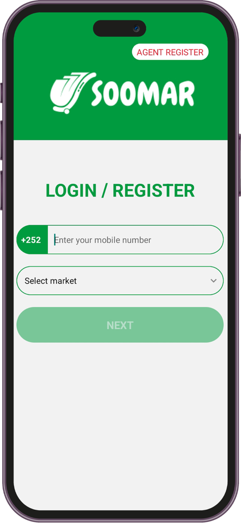 Soomar - Login and registration screen for the Soomar Somali marketplace app showing a mobile number input field and market selection dropdown.