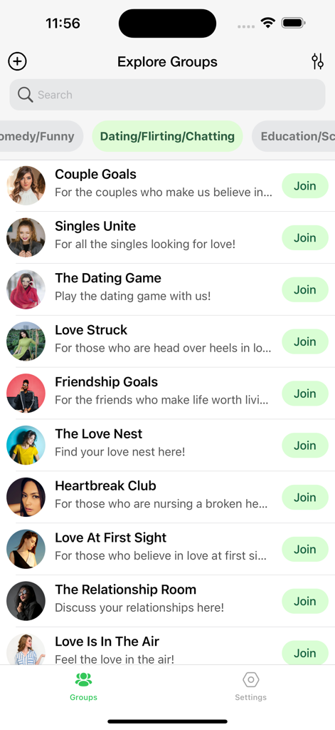 A list of WhatsApp dating and flirting groups with join buttons in the WA Groups app