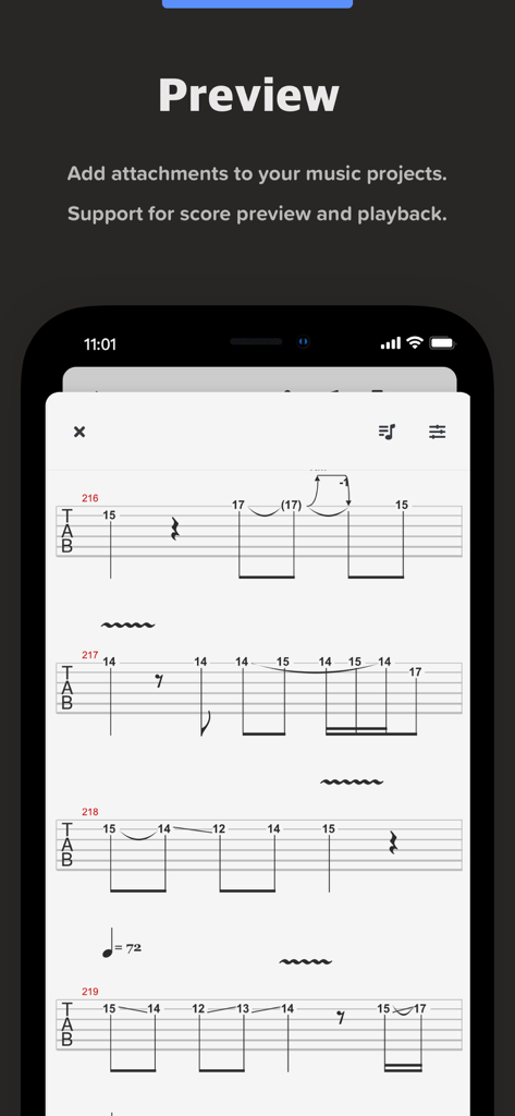 Pantalla móvil que muestra una vista previa de partitura de tablatura de guitarra dentro de la aplicación Audio Jam