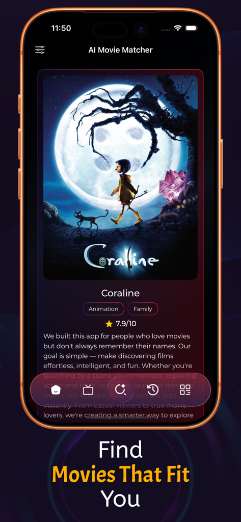 OnStream : TV shows & Movies - OnStream app interface showing an AI powered movie recommendation for Coraline