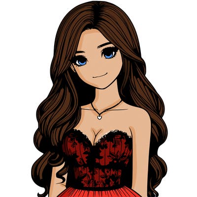 realistic girl with long hair and pretty prom dress