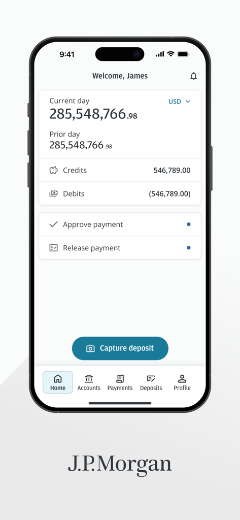 J.P. Morgan Access - JP Morgan Access app dashboard showing corporate account balance and payment approval tasks