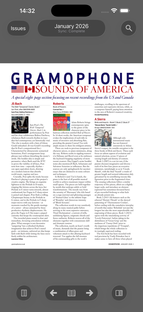 A digital page of Gramophone Magazine featuring classical music reviews in the Sounds of America section.