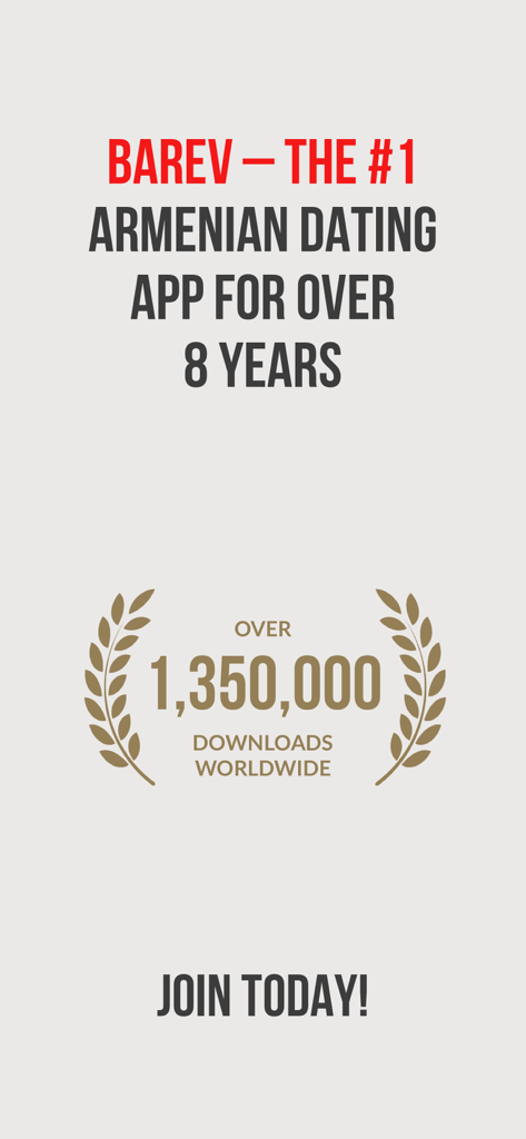 Barev — Armenian Dating - Barev Armenian dating app advertisement showing over 1 million downloads worldwide