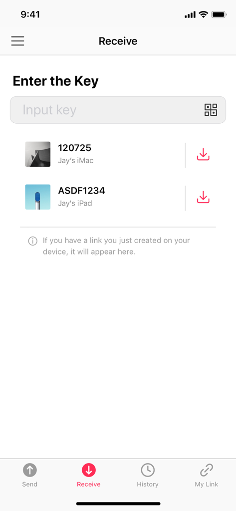 Send Anywhere app Receive screen showing a 6-digit key input field and a list of incoming file transfers from different devices