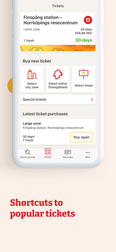 Östgötatrafiken - Interfaz de la aplicación Ostgotatrafiken que muestra las opciones de compra de billetes y los accesos directos para viajes regionales.