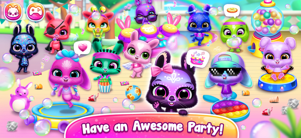 Bunnsies - Happy Pet World - Un grupo de lindos conejos virtuales celebrando en una fiesta con música y juguetes