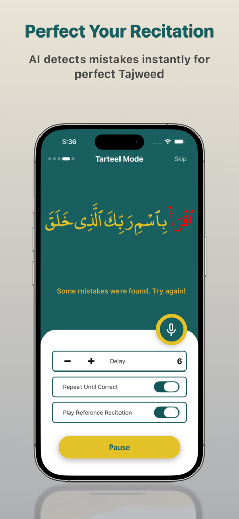Tarteel - Hifz AI - Interfaz de la aplicación Tarteel Hifz AI que muestra retroalimentación en tiempo real sobre la recitación del Corán con detección de errores y corrección de tajweed.