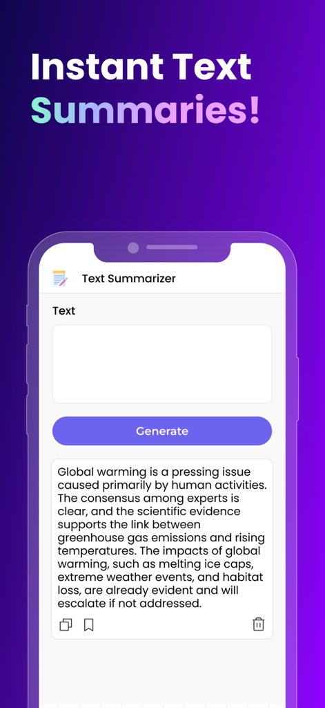 Japer AI - WritBot - Interfaz de la aplicación WritBot que muestra su función de Resumen de texto instantáneo con un resumen de un artículo sobre el calentamiento global