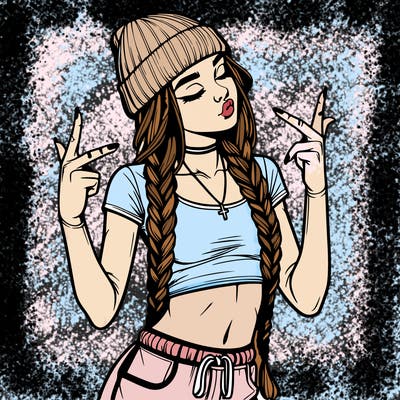 realistic teenage girl with braids and a beanie and crop top doing 🫶🏼