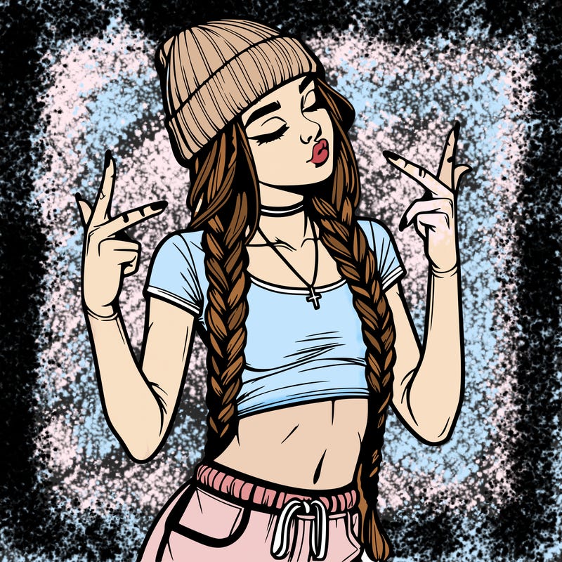 realistic teenage girl with braids and a beanie and crop top doing 🫶🏼