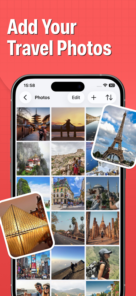 Pin Traveler app interface displaying a curated grid of travel photos from famous world landmarks