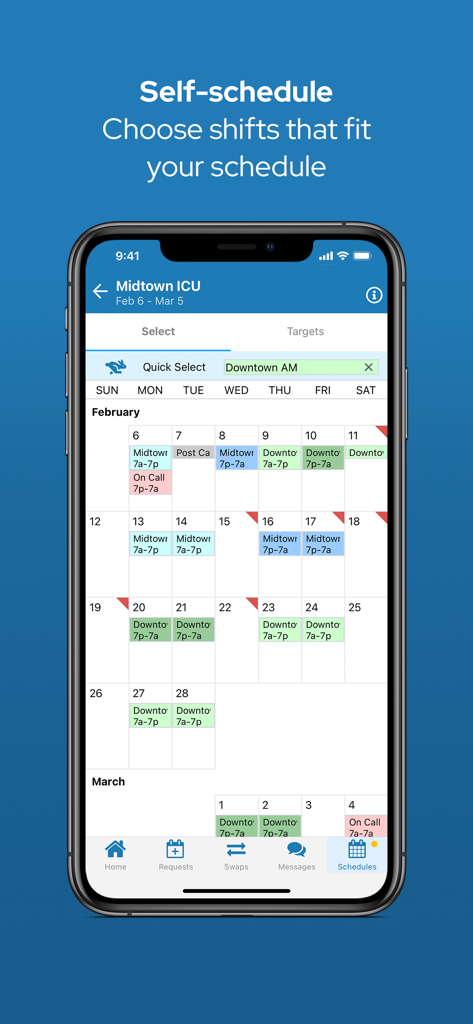 QGenda mobile app screen showing a monthly healthcare shift scheduling calendar