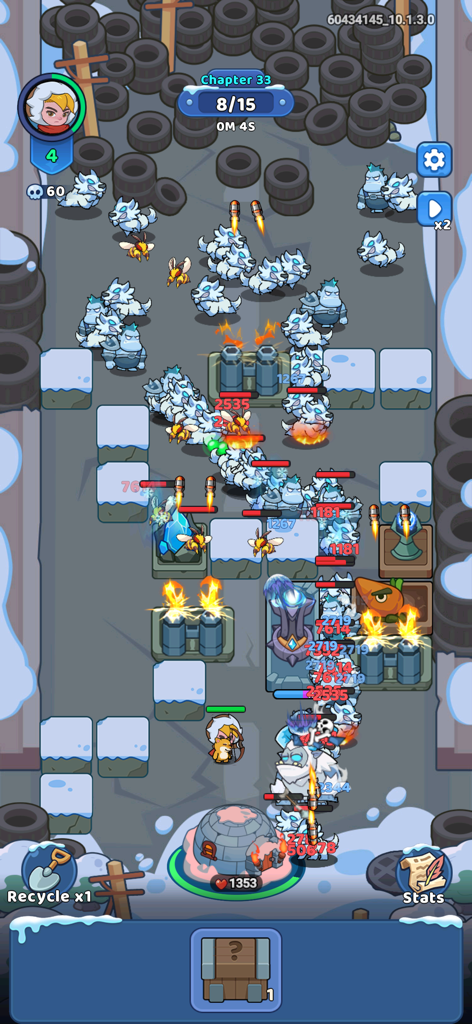 Frost Saga: Tower Defense - A gameplay screen from Frost Saga Tower Defense showing elemental towers attacking waves of monsters in a snowy environment to protect an igloo.
