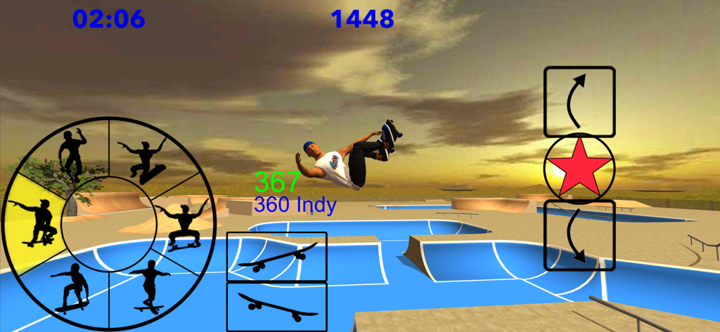 Skating Freestyle Extreme 3D - A character performing a 360 Indy trick in a 3D skate park at sunset