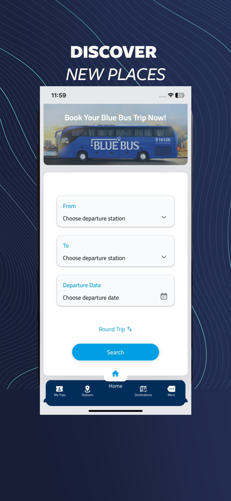 都市間バス旅行の予約検索インターフェースを特徴とするBlue Busアプリのホーム画面