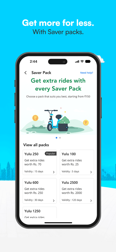 A mobile screen from the Yulu app displaying different subscription Saver Packs for e-bike rides.