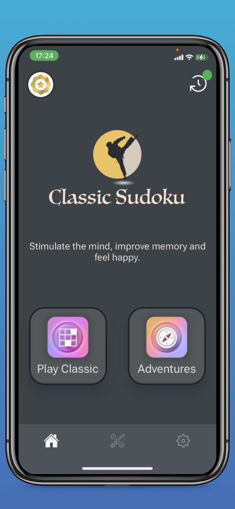 Sudoku by Logic Wiz - Main menu of the Logic Wiz Sudoku app featuring Play Classic and Adventures modes with a dark zen theme