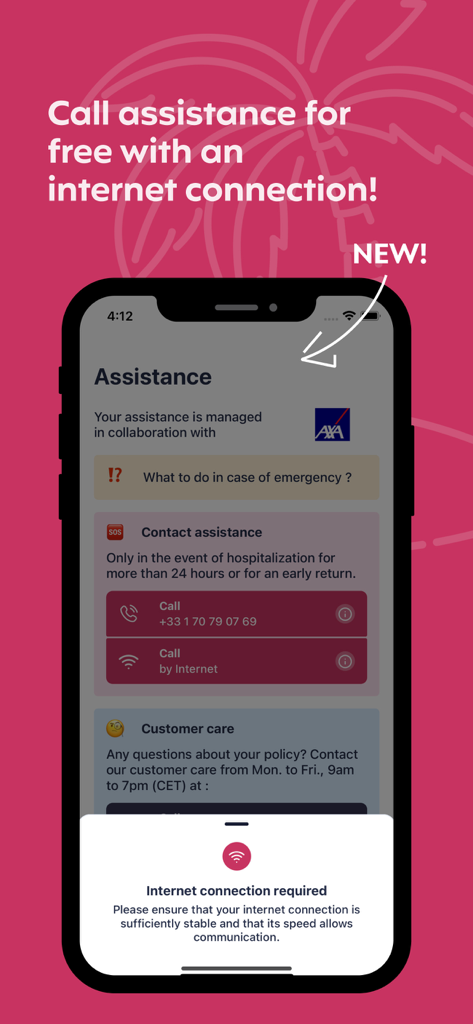 Schermata di assistenza dell'app Chapka che mostra la chiamata di supporto di emergenza gratuita 24/7 via Internet.